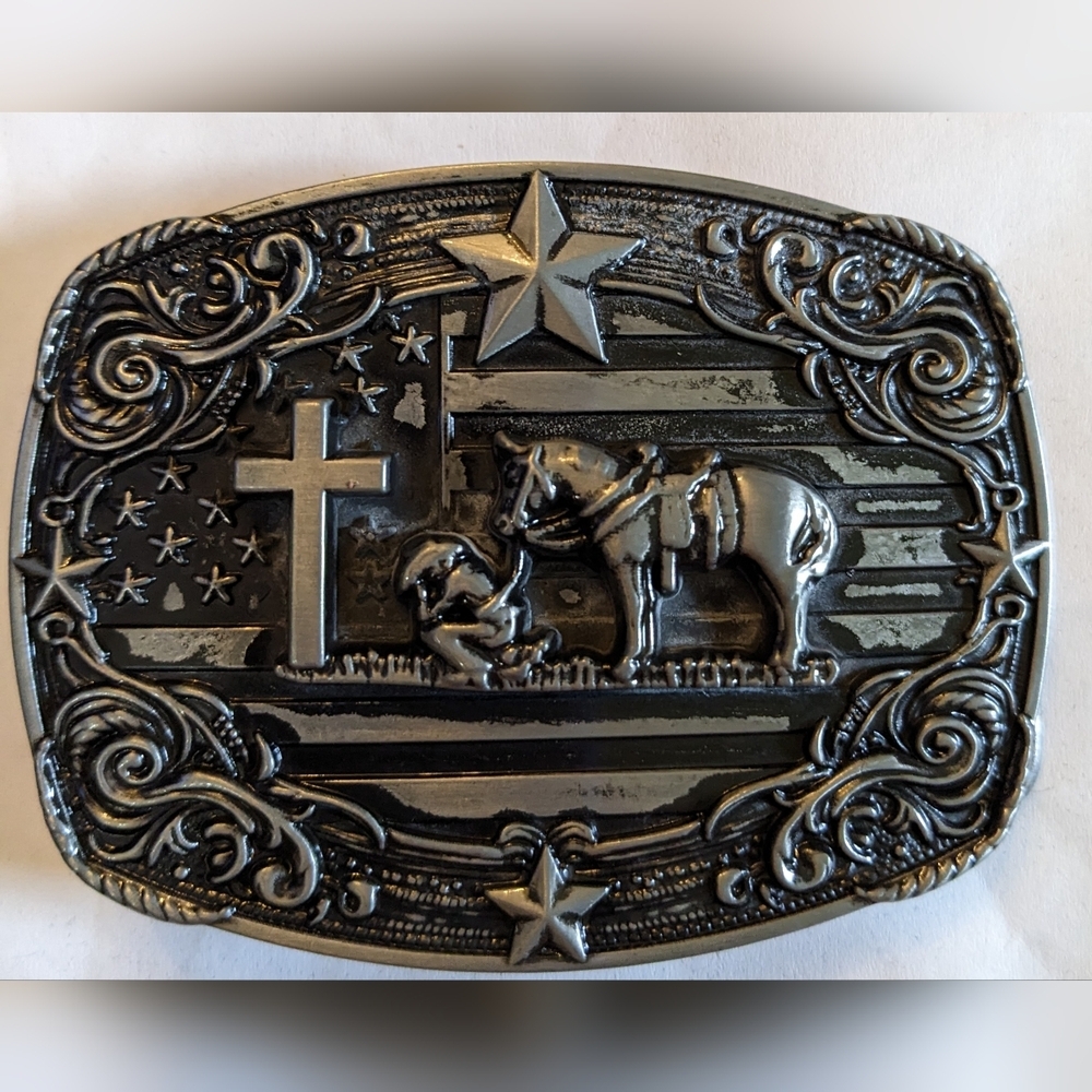 New Western Belt Buckle with Horse, Cowboy, Cross Design, T3MISB4E